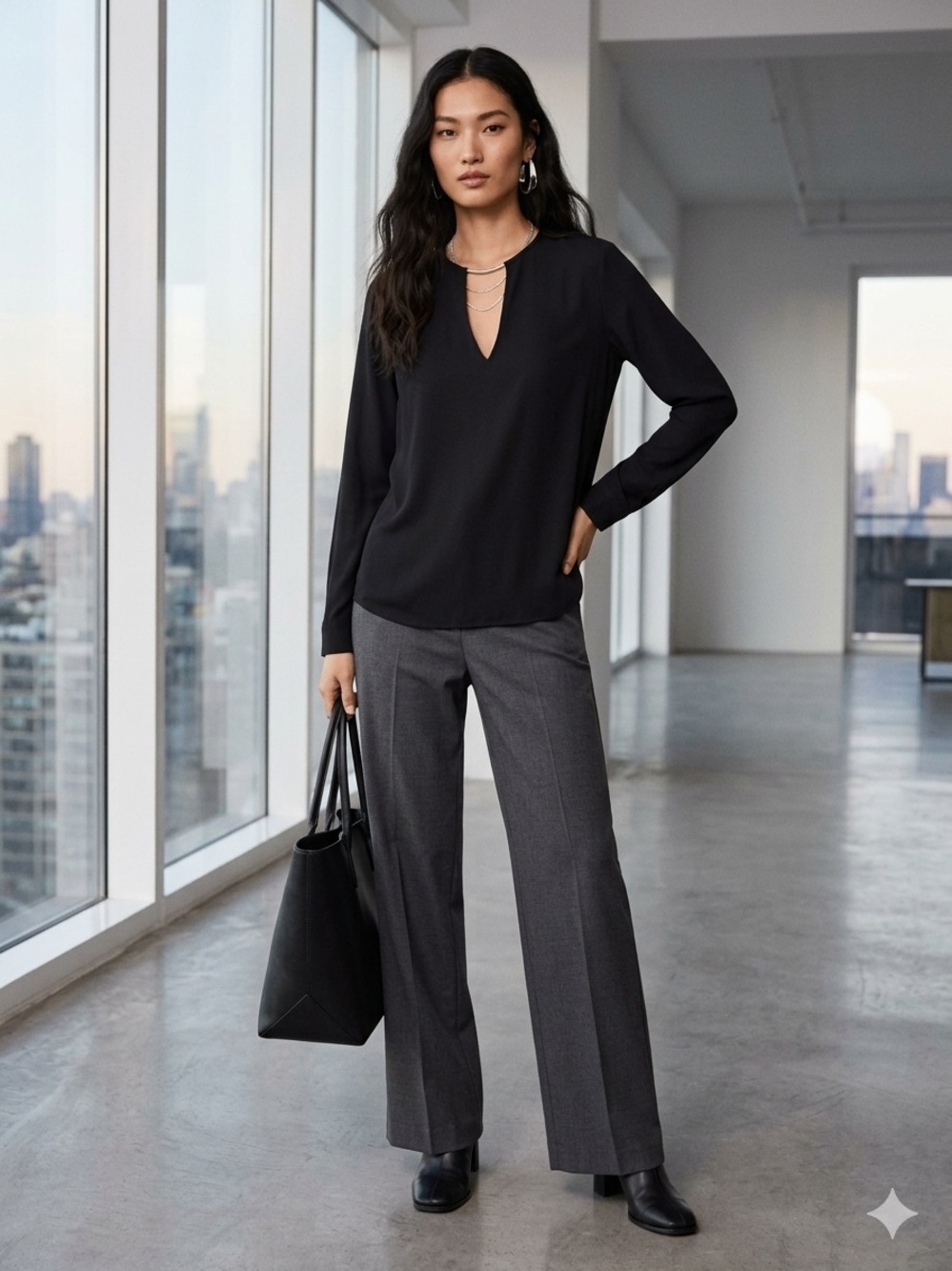 Mango Black Long sleeves Blouse with deep V and metal ring neckline